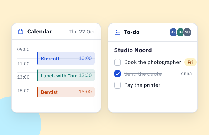 Notes, contacts, calendrier et tâches.